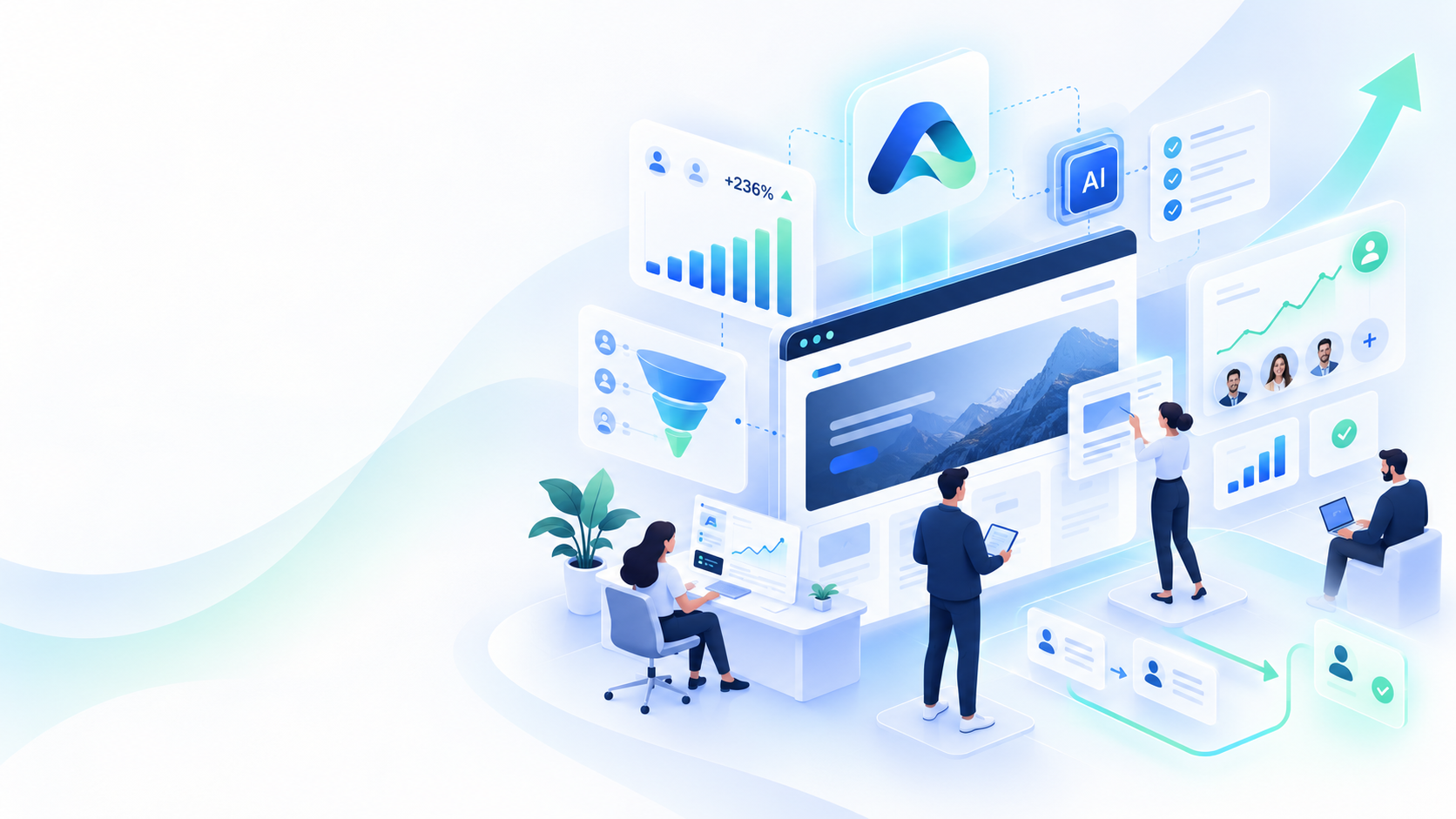 Ilustração original da plataforma Accapta conectando presença digital, equipe e oportunidades